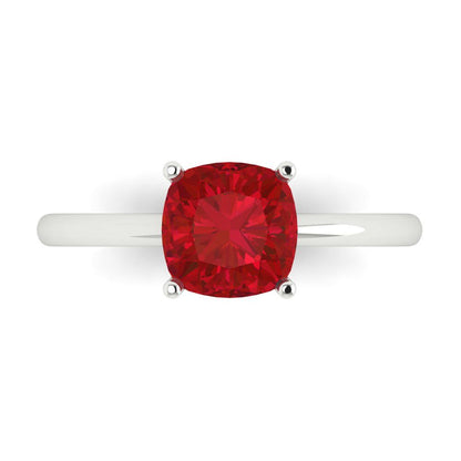 2 cttw Simulated Ruby Solitaire  Engagement Ring - Solid White Gold (VVS1, Cushion Cut,7mm)