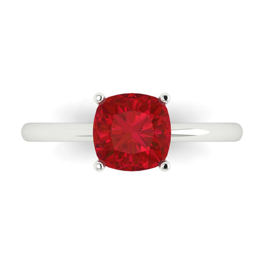 2 cttw Simulated Ruby Solitaire  Engagement Ring - Solid White Gold (VVS1, Cushion Cut,7mm)