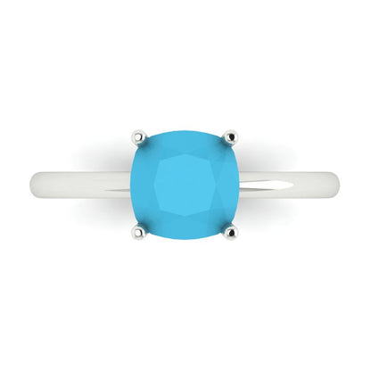 2 cttw Simulated Turquoise Solitaire  Engagement Ring - Solid White Gold (VVS1, Cushion Cut,7mm)