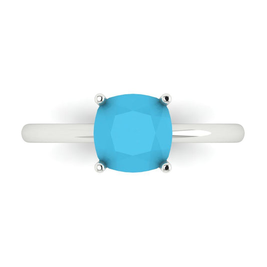 2 cttw Simulated Turquoise Solitaire  Engagement Ring - Solid White Gold (VVS1, Cushion Cut,7mm)