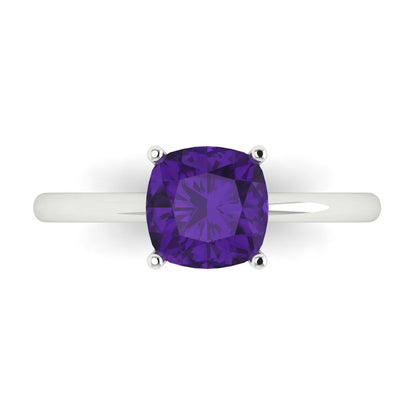 2 cttw Natural Amethyst Solitaire  Engagement Ring - Solid White Gold (VVS1, Cushion Cut,7mm)