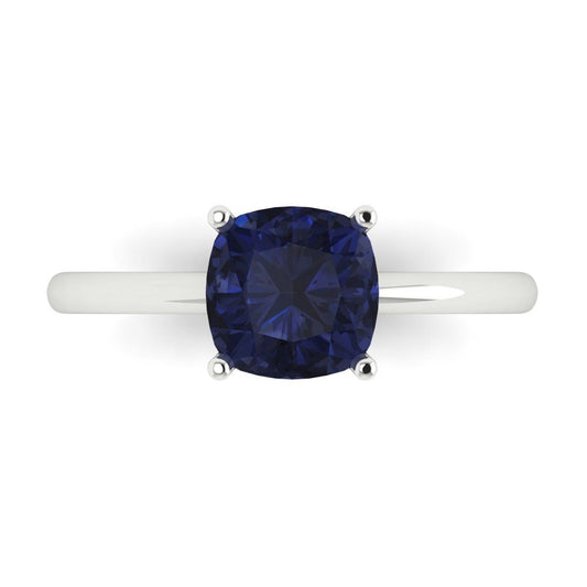 2 cttw Simulated Blue Sapphire Solitaire  Engagement Ring - Solid White Gold (VVS1, Cushion Cut,7mm)