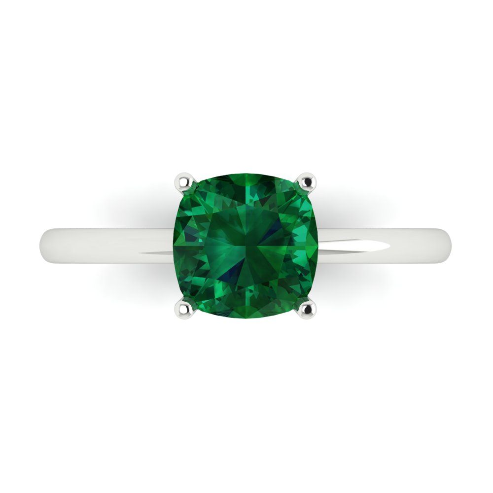 2 cttw Simulated Emerald Solitaire  Engagement Ring - Solid White Gold (VVS1, Cushion Cut,7mm)