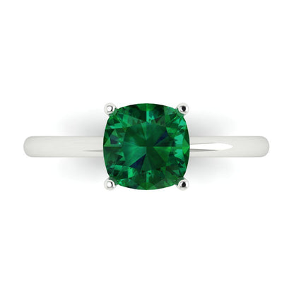 2 cttw Simulated Emerald Solitaire  Engagement Ring - Solid White Gold (VVS1, Cushion Cut,7mm)