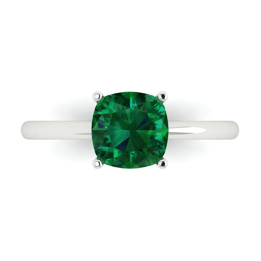 2 cttw Simulated Emerald Solitaire  Engagement Ring - Solid White Gold (VVS1, Cushion Cut,7mm)