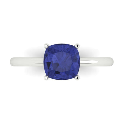 2 cttw Simulated Tanzanite Solitaire  Engagement Ring - Solid White Gold (VVS1, Cushion Cut,7mm)