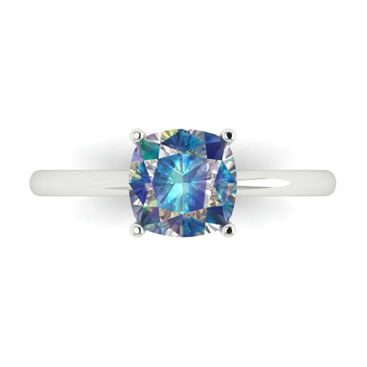 2 cttw Blue Moissanite Solitaire  Engagement Ring - Solid White Gold (VVS1, Cushion Cut,7mm)
