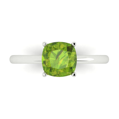 2 cttw Natural Peridot Solitaire  Engagement Ring - Solid White Gold (VVS1, Cushion Cut,7mm)