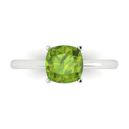 2 cttw Natural Peridot Solitaire  Engagement Ring - Solid White Gold (VVS1, Cushion Cut,7mm)