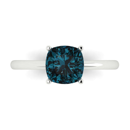 2 cttw Natural London Blue Topaz Solitaire  Engagement Ring - Solid White Gold (VVS1, Cushion Cut,7mm)