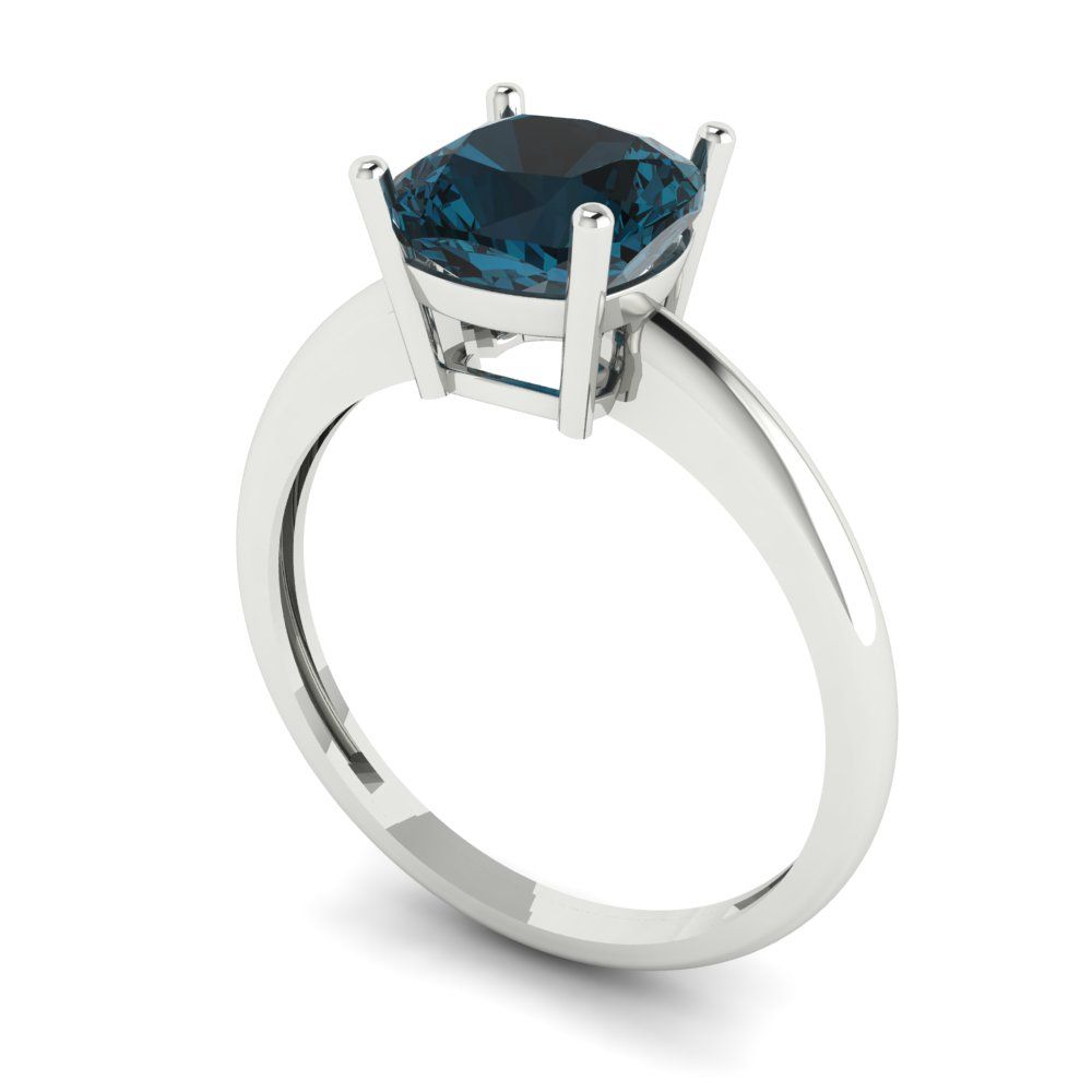 2 cttw Natural London Blue Topaz Solitaire  Engagement Ring - Solid White Gold (VVS1, Cushion Cut,7mm)