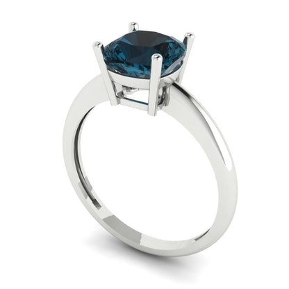 2 cttw Natural London Blue Topaz Solitaire  Engagement Ring - Solid White Gold (VVS1, Cushion Cut,7mm)
