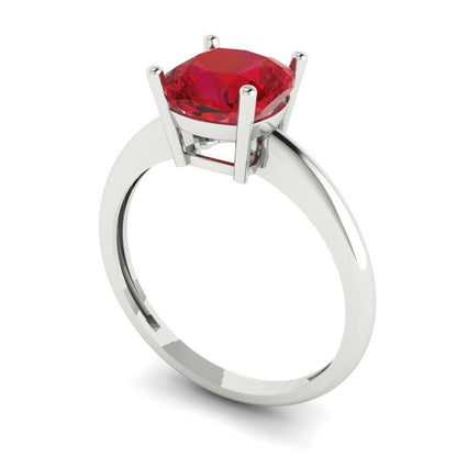 2 cttw Simulated Ruby Solitaire  Engagement Ring - Solid White Gold (VVS1, Cushion Cut,7mm)