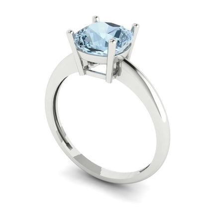 2 cttw Natural Aquamarine Solitaire  Engagement Ring - Solid White Gold (VVS1, Cushion Cut,7mm)