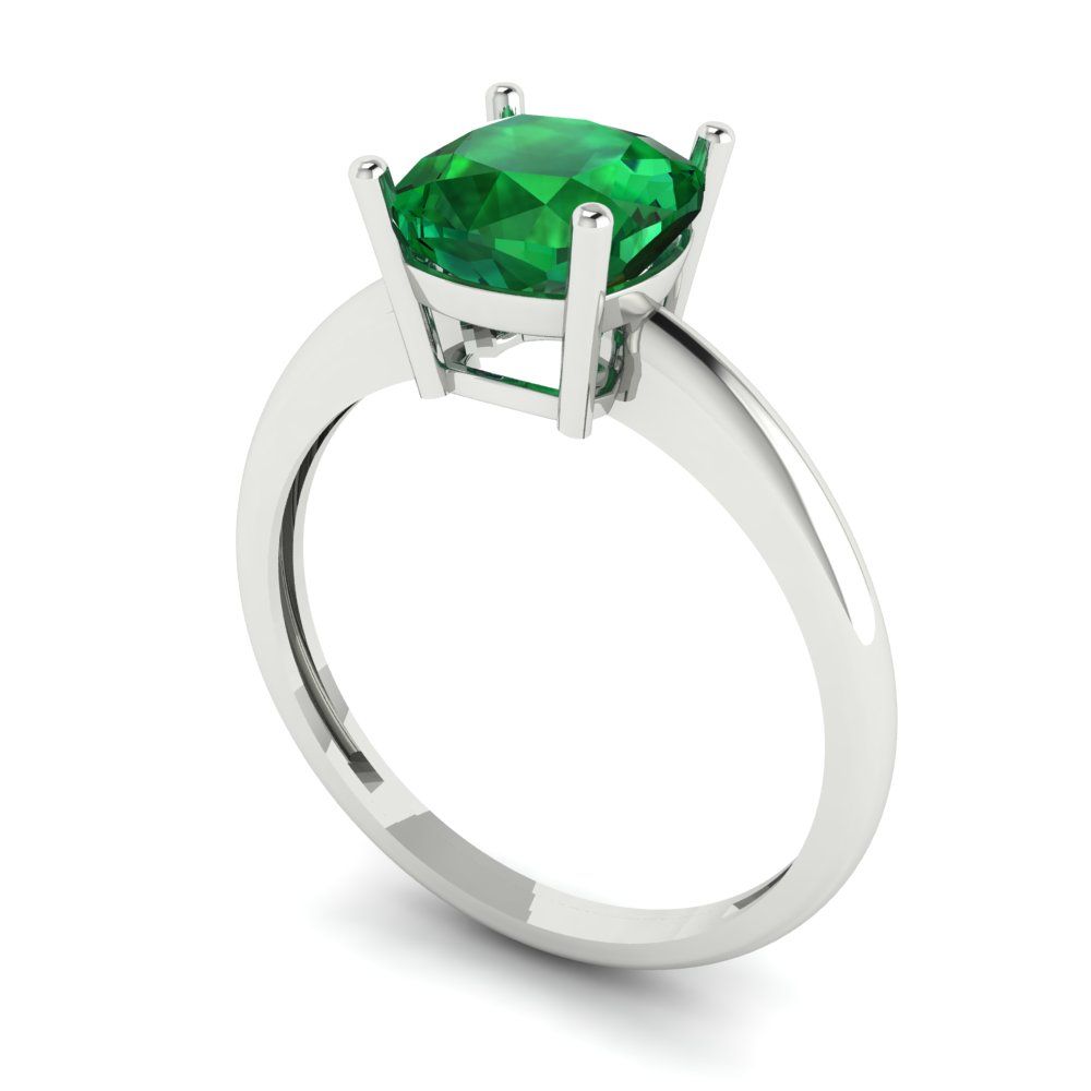 2 cttw Simulated Emerald Solitaire  Engagement Ring - Solid White Gold (VVS1, Cushion Cut,7mm)