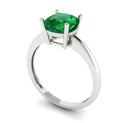 2 cttw Simulated Emerald Solitaire  Engagement Ring - Solid White Gold (VVS1, Cushion Cut,7mm)