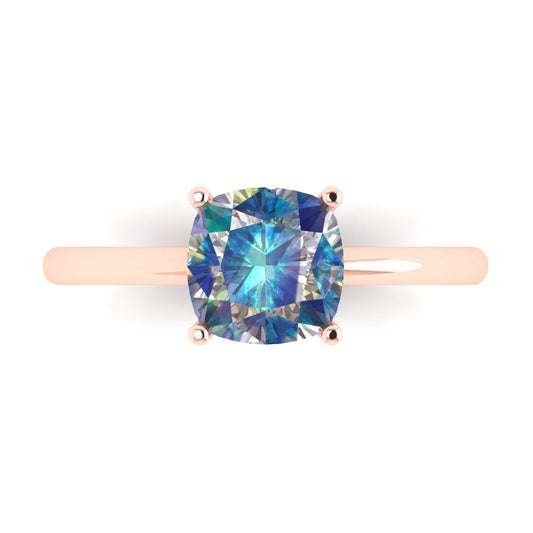2 cttw Blue Moissanite Solitaire  Engagement Ring - Solid Rose Gold (VVS1, Cushion Cut,7mm)