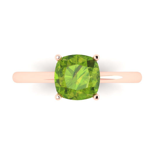 2 cttw Natural Peridot Solitaire  Engagement Ring - Solid Rose Gold (VVS1, Cushion Cut,7mm)