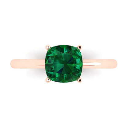 2 cttw Simulated Emerald Solitaire  Engagement Ring - Solid Gold (Cushion Cut,7mm)