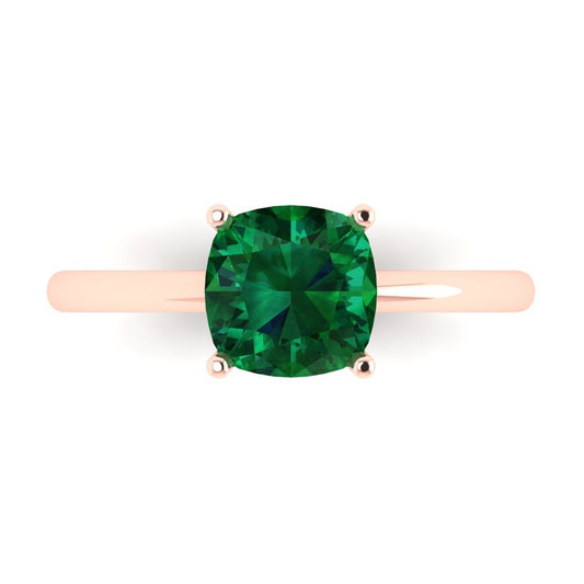 2 cttw Simulated Emerald Solitaire  Engagement Ring - Solid Rose Gold (VVS1, Cushion Cut,7mm)