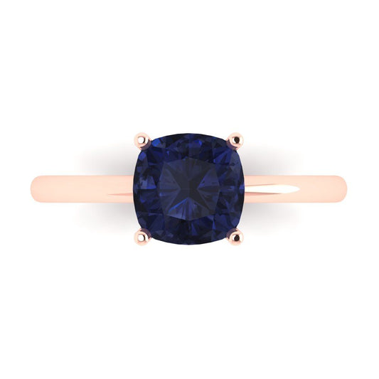 2 cttw Simulated Blue Sapphire Solitaire  Engagement Ring - Solid Rose Gold (VVS1, Cushion Cut,7mm)