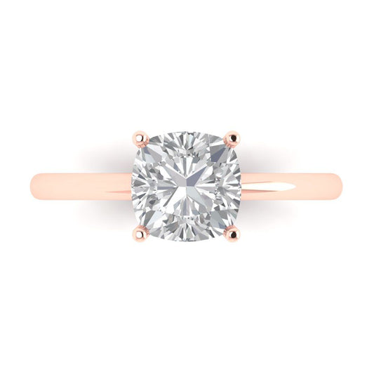2 cttw White Sapphire Solitaire  Engagement Ring - Solid Rose Gold (VVS1, Cushion Cut,7mm)