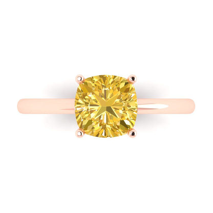 2 cttw Zirconia Simulated Yellow Diamond Solitaire  Engagement Ring - Solid Gold (VVS1, Cushion Cut,7mm)