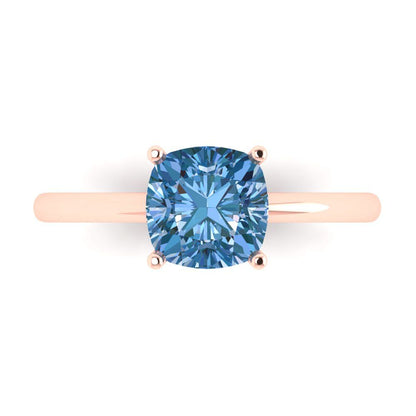 2 cttw Zirconia Simulated Blue Diamond Solitaire  Engagement Ring - Solid Gold (VVS1, Cushion Cut,7mm)