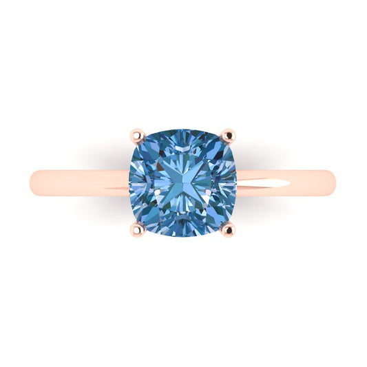 2 cttw Zirconia Simulated Blue Diamond Solitaire  Engagement Ring - Solid Rose Gold (VVS1, Cushion Cut,7mm)
