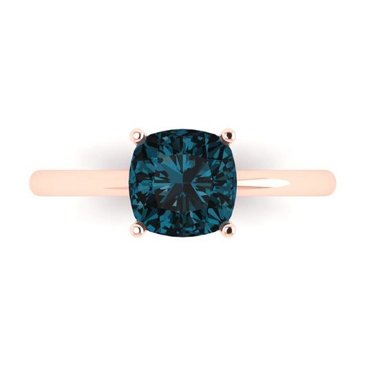2 cttw Natural London Blue Topaz Solitaire  Engagement Ring - Solid Rose Gold (VVS1, Cushion Cut,7mm)