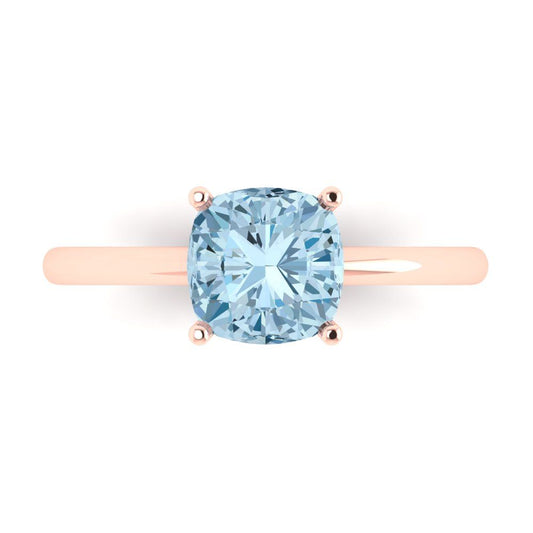2 cttw Natural Aquamarine Solitaire  Engagement Ring - Solid Rose Gold (VVS1, Cushion Cut,7mm)