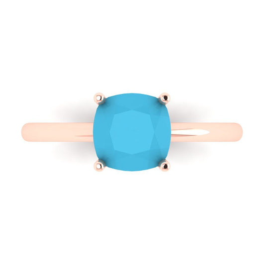 2 cttw Simulated Turquoise Solitaire  Engagement Ring - Solid Rose Gold (VVS1, Cushion Cut,7mm)