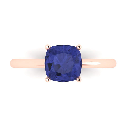 2 cttw Simulated Tanzanite Solitaire  Engagement Ring - Solid Rose Gold (VVS1, Cushion Cut,7mm)