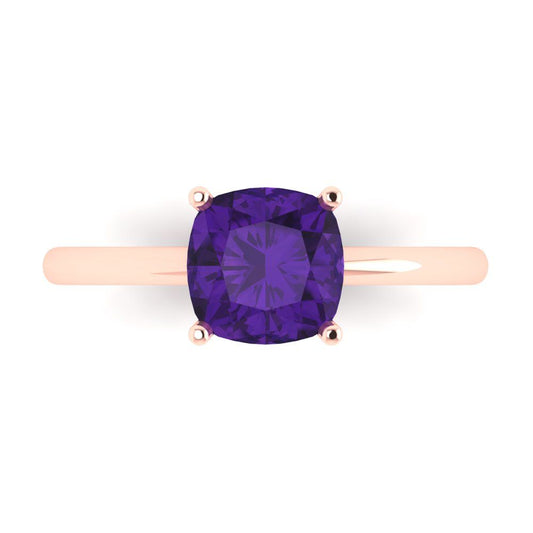 2 cttw Natural Amethyst Solitaire  Engagement Ring - Solid Rose Gold (VVS1, Cushion Cut,7mm)