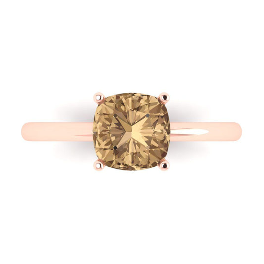 2 cttw Zirconia Simulated Champagne Diamond Solitaire  Engagement Ring - Solid Rose Gold (VVS1, Cushion Cut,7mm)
