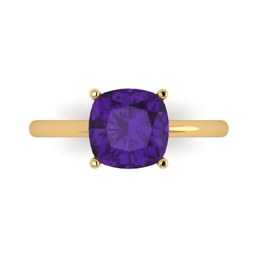 2.5 cttw Natural Amethyst Solitaire  Engagement Ring - Solid Yellow Gold (VVS1, Cushion Cut,8mm)