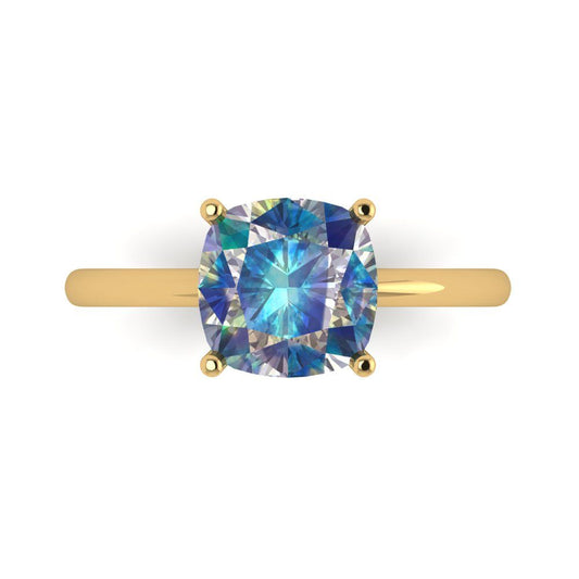 2.5 cttw Blue Moissanite Solitaire  Engagement Ring - Solid Yellow Gold (VVS1, Cushion Cut,8mm)