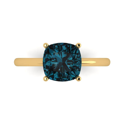 2.5 cttw Natural London Blue Topaz Solitaire  Engagement Ring - Solid Gold (Cushion Cut,8mm)