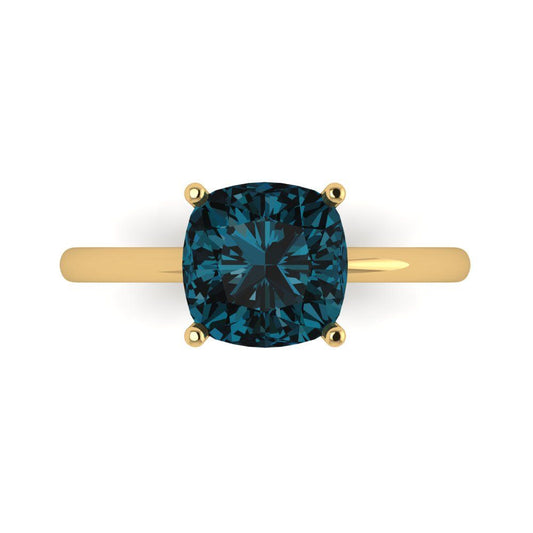 2.5 cttw Natural London Blue Topaz Solitaire  Engagement Ring - Solid Yellow Gold (VVS1, Cushion Cut,8mm)