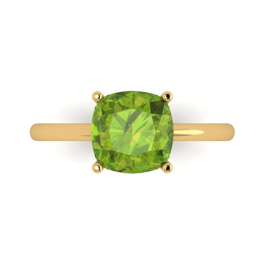 2.5 cttw Natural Peridot Solitaire  Engagement Ring - Solid Yellow Gold (VVS1, Cushion Cut,8mm)