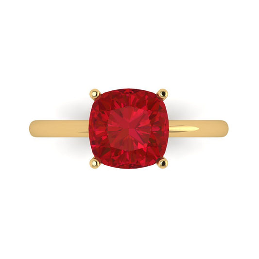 2.5 cttw Simulated Ruby Solitaire  Engagement Ring - Solid Yellow Gold (VVS1, Cushion Cut,8mm)
