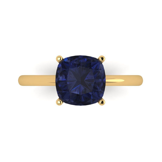 2.5 cttw Simulated Blue Sapphire Solitaire  Engagement Ring - Solid Yellow Gold (VVS1, Cushion Cut,8mm)