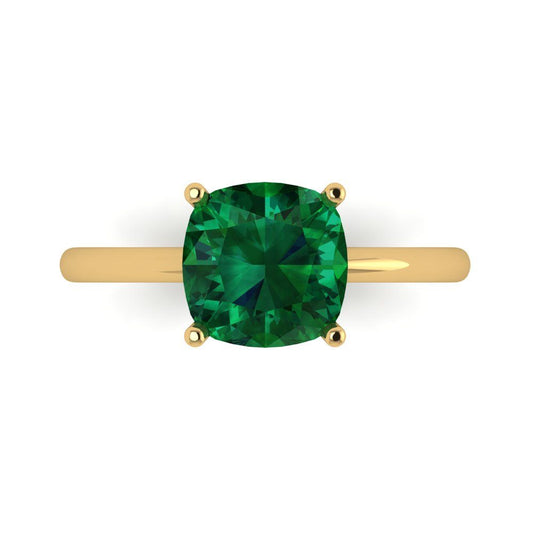 2.5 cttw Simulated Emerald Solitaire  Engagement Ring - Solid Yellow Gold (VVS1, Cushion Cut,8mm)