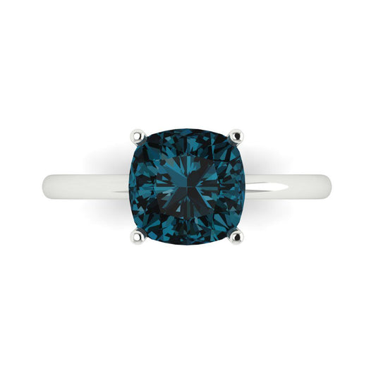 2.5 cttw Natural London Blue Topaz Solitaire  Engagement Ring - Solid White Gold (VVS1, Cushion Cut,8mm)