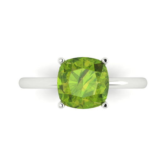 2.5 cttw Natural Peridot Solitaire  Engagement Ring - Solid White Gold (VVS1, Cushion Cut,8mm)
