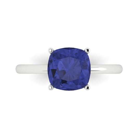 2.5 cttw Simulated Tanzanite Solitaire  Engagement Ring - Solid White Gold (VVS1, Cushion Cut,8mm)