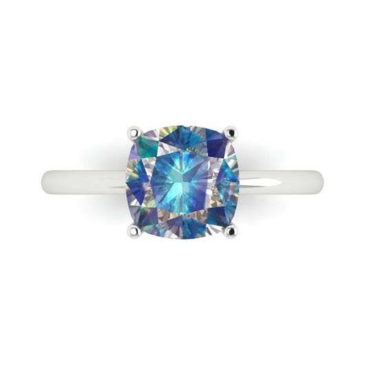 2.5 cttw Blue Moissanite Solitaire  Engagement Ring - Solid White Gold (VVS1, Cushion Cut,8mm)