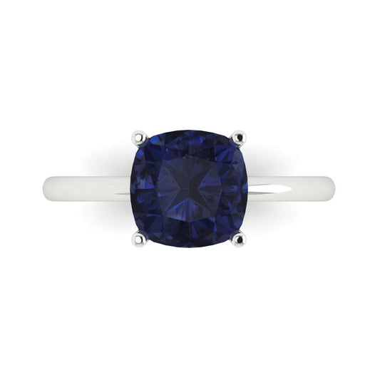 2.5 cttw Simulated Blue Sapphire Solitaire  Engagement Ring - Solid White Gold (VVS1, Cushion Cut,8mm)