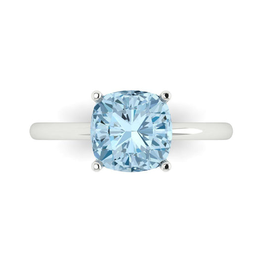2.5 cttw Natural Aquamarine Solitaire  Engagement Ring - Solid White Gold (VVS1, Cushion Cut,8mm)