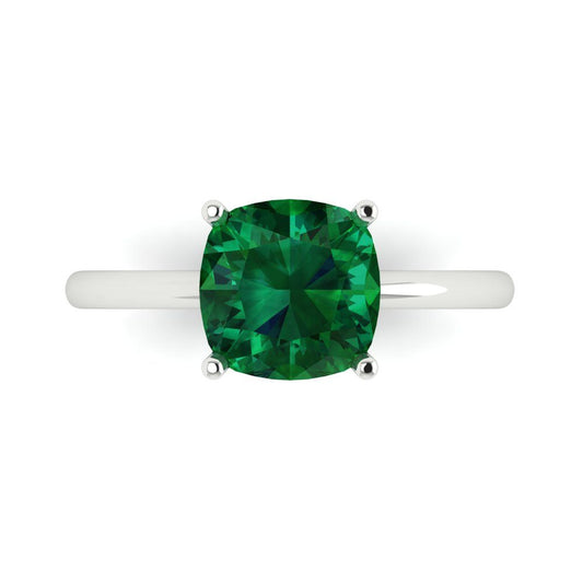 2.5 cttw Simulated Emerald Solitaire  Engagement Ring - Solid White Gold (VVS1, Cushion Cut,8mm)